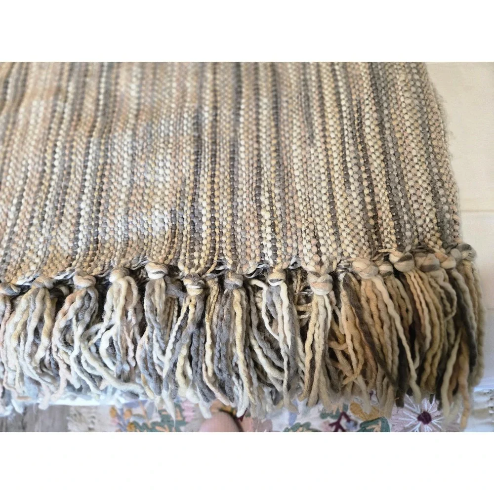 Altar'D State Striped Fringed Afghan, 100% Acrylic Lap Throw, Gray Tan White